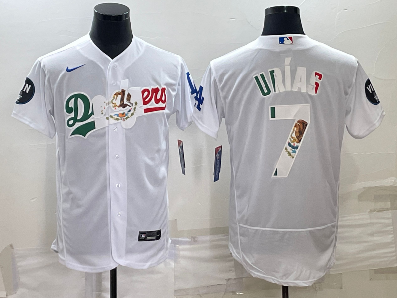 Men's Los Angeles Dodgers #7 Julio Urías White With Vin Scully Patch Flex Base Stitched Baseball Jersey